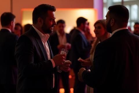 Foto espontânea de pessoas interagindo durante um evento de networking de negócios.