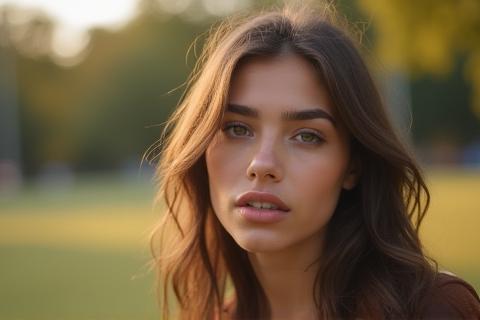 Retrato cativante de uma jovem mulher em ambiente externo com luz natural suave.