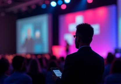 Exemplo de fotografia de eventos, registrando a energia e os palestrantes em uma conferência corporativa movimentada.