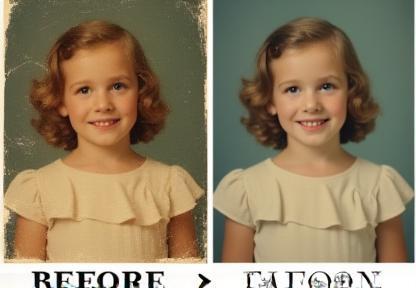 Exemplo de restauração de foto antiga, mostrando uma foto de família vintage desbotada e danificada ao lado da mesma foto revitalizada com cores e detalhes restaurados.