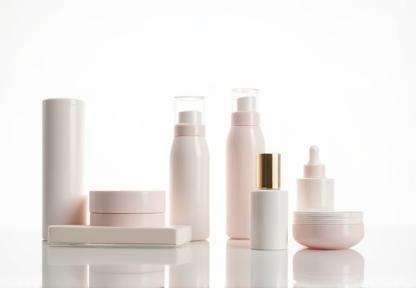Exemplo de fotografia de produto, mostrando múltiplos itens de cosméticos em fundo branco, com iluminação limpa e detalhes nítidos para e-commerce.